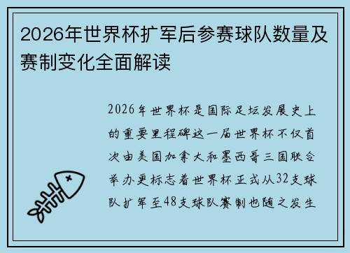 2026年世界杯扩军后参赛球队数量及赛制变化全面解读