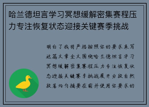 哈兰德坦言学习冥想缓解密集赛程压力专注恢复状态迎接关键赛季挑战