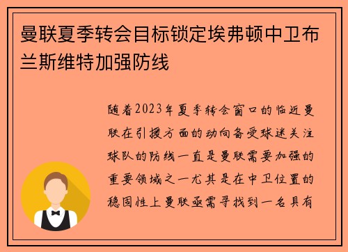 曼联夏季转会目标锁定埃弗顿中卫布兰斯维特加强防线